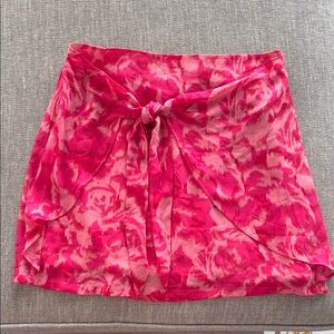 Pink Lily Pink and Red Mini Wrap Skirt with Tie Front for Resort Wear